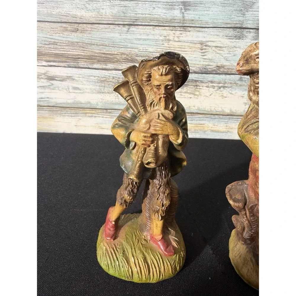 2 Vintage Italy Nativity Shepherd Boy Lamb - Josiah Bagpiper Set 5.5